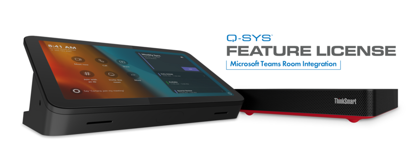 显示会议室控件的Q-SYS UC控制器,旁边是Q-SYS UC捆绑包(Lenovo ThinkSmart Core)