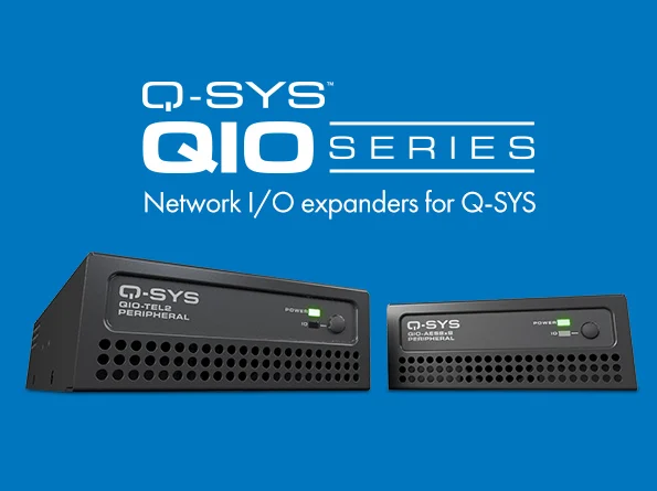图片，上面显示Q-SYS QIO-AES8x8和旁边的Q-SYS QIO-TEL2，图片上的文字是：用于Q-SYS的Q-SYS QIO系列网络I/O扩展器