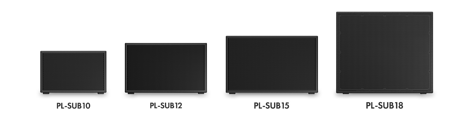 PL-SUB低音炮系列主图,该系列包括PL-SUB10、 PL-SUB12、 PL-SUB15、 PL-SUB18
