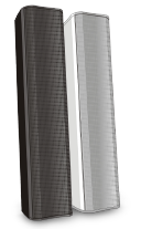 Front left-angled view of two QSC column speaks in back and white color
