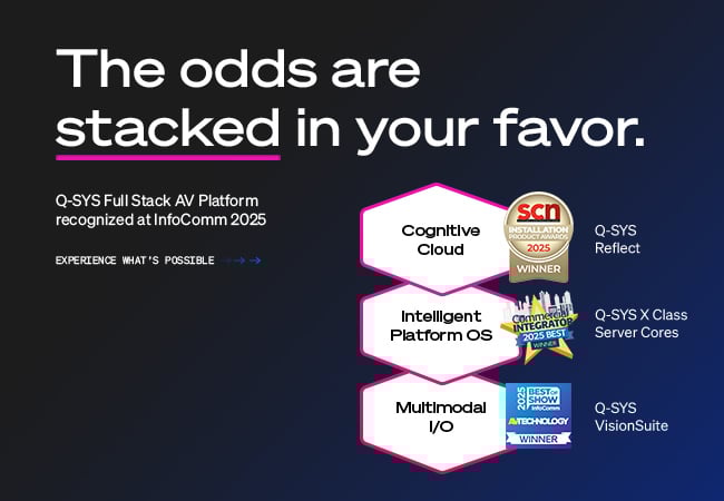 Q-SYS全栈音视频平台横幅，文字为“The odds are stacked in your favor.Q-SYS Full Stack AV Platform recognized at InfoComm 2025”（成功近在咫尺。Q-SYS全堆栈音视频平台在InfoComm 2025上再次斩获殊荣！）