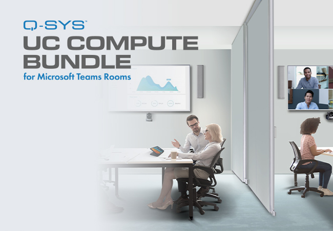 条幅文字为:“适用于Microsoft Teams Rooms的Q-SYS UC Compute捆绑包”